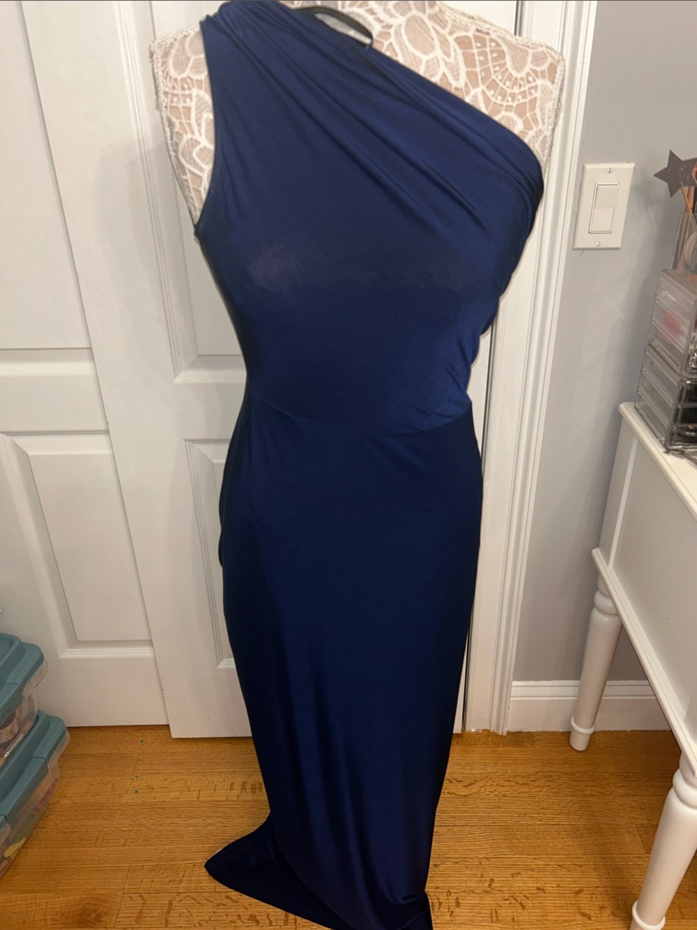 Xscape One-Shoulder Navy Evening Gown